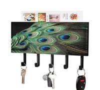 VstaDank Green Peacock Feather Key Holder Wall Mount Key Hanger Decor PU Leather Adhesive Key Rack with 5 Hooks Hanging Key Hooks Key Organizer Rack for Hallway Door Entryway Home Decor