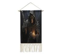 VstaDank Grim-Reaper Wall Art Decor with Tassels 20"x10" Cotton Linen Hanging Tapestry Decor Wall Art Prints Wood Frame Boho Wall Art Poster for Bedroom Living Room Office
