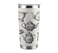VstaDank Hand Drawn Teapots And Cups Tumbler 20 Oz Stainless Steel Tumbler with Lid And Straw Double Wall Vacuum Insulated Mug Metal Coffee Cup Leak-Proof Travel Coffee Mug Fits Car Cup Holder