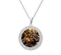 VstaDank Heaps of Orange Monarch Butterflies Necklaces Personalized Photo Round Pendant Necklace Elegant Diamond Necklaces Alloy Coin Pendant Fashion Jewelry Pendant Dainty Necklaces for Women, One