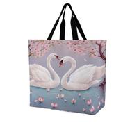 VstaDank Large Grocery Bags for Women - Lightweight Foldable Shoulder Handbag, Fashion Reusable White Swans with Pink Floral Tree Tote Bag, Portable Shopping Bag for Work Travel & Daily Use