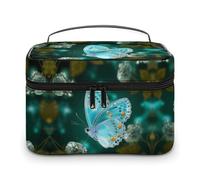 VstaDank Light Blue Butterfly Travel Makeup Bag Large Capacity Leather Cosmetic Bag Portable Toiletry Bags With Clear Divider And Handle Cute Wide Open Shaving Bags for Grooming