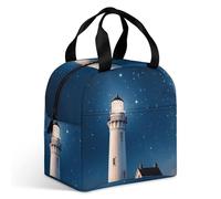 VstaDank Lighthouse Under Starry Night Sky Lunch Bag Insulation Up,Cooler Bag with Storage Pocket,Lunch Box for Reusable Easy to Fold