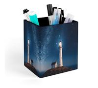 VstaDank Lighthouse Under Starry Night Sky Pen Holder Square Pencil Holder Leather Pencil Cup Pen Organizer Makeup Brush Holders Pen Cups Desktop Stationery Organizer for Home Office Desk Organizers