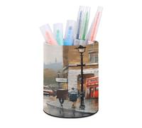 VstaDank London Impression Pen Holder Leather Pencil Cup Round Pencil Holder for Desk Organizer Personalized Pen Cup Fashion Pen Organizer Makeup Brush Holders for Office Home&Gift