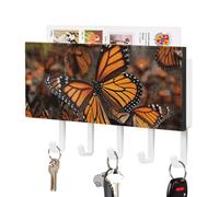 VstaDank Monarch Butterflies Key Holder for Wall Decorative Mail Organizer Exquisite Coat Rack PU Wall Mount Adhesive Keys Rack with Tray&5 Key Hook for Door Hallway Entryway Decor