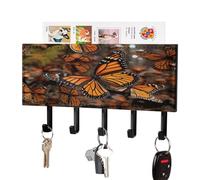 VstaDank Monarch Butterflies Key Holder for Wall Key Holder Wall Mount Adhesive with Mail Organizer Tray Adhesive Metal Key Rack with 5 Hooks Hanger PU Leather Key Hanger for Entryway