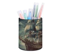 VstaDank Nautical Vintage Sailing Pirate Ship Pen Holder PU Leather Pencil Cup Minimalist Desk Pencil Holder Round Make Up Brush Organizers For Office Dorm Room&Vanity Desk Accessories