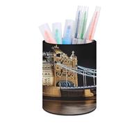 VstaDank Night London Tower Bridge Pen Holder Leather Pencil Cup Round Pencil Holder for Desk Organizer Personalized Pen Cup Fashion Pen Organizer Makeup Brush Holders for Office Home&Gift