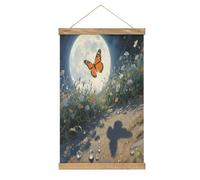 VstaDank Orange Butterfly Moon Flower Hanging Poster with Wooden Frame Modern Linen Hanging Painting Retro Style Wall Decor Art Painting for Living Room,Bedroom Decor Poster Frame 20.4x13.1inch