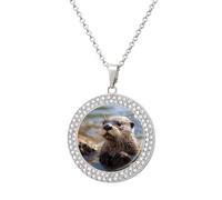 VstaDank Otter Playing in The Water Necklaces Personalized Photo Round Pendant Necklace Elegant Diamond Necklaces Alloy Coin Pendant Fashion Jewelry Pendant Dainty Necklaces for Women, One Size, Metal