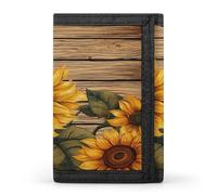 VstaDank Paint Wooden Board Sunflower Trifold Wallet Slim Billfold With ID Window Extra Capacity Credit Card Holder Stylish Front Pocket Purses