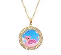 VstaDank Pink Leopard in The Cloud Necklaces Personalized Photo Round Pendant Necklace Elegant Diamond Necklaces Alloy Coin Pendant Fashion Jewelry Pendant Dainty Necklaces for Women, One Size, Metal