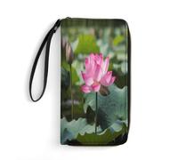 VstaDank Pink Lotu Flowers Leather Wallets for Men Women Wristlet Wallet Large Capacity Multi-layer Pockets Travel Wallet Slim Credit Card Holder Fashion Casual Clutch Zipper Coin Purse