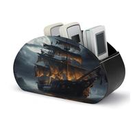 VstaDank Pirate Sailboat Full Moon Remote Control Holder with 5 Compartments Pu Leather TV Remote Caddy Storage Box Desktop Organizer Store Controller DVD Brush Pens Glasses&Office Supplies
