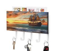 VstaDank Pirate Ship in The Sunset Key Holder for Wall Decorative Mail Organizer Exquisite Coat Rack PU Wall Mount Adhesive Keys Rack with Tray&5 Key Hook for Door Hallway Entryway Decor