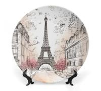 VstaDank Porcelain Decorative Plate for Display French Paris Tour Eiffel Tower Ceramic Dinner Plates Home Wobble-Plate with Display Stand Wall Hanging Decor for Kitchen Dining Table Decor Art 10inch