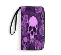 VstaDank Purple Skulls And Roses Leather Wallets for Men Women Wristlet Wallet Large Capacity Multi-layer Pockets Travel Wallet Slim Credit Card Holder Fashion Casual Clutch Zipper Coin Purse