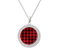 VstaDank Red Black Buffalo Check Plaid Pattern Necklaces Personalized Photo Round Pendant Necklace Elegant Diamond Necklaces Alloy Coin Pendant Fashion Jewelry Pendant Dainty Necklaces for Women, One