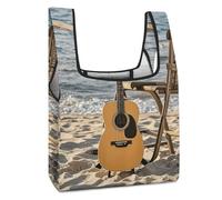 VstaDank Reusable Grocery Bag Foldable Fashion Washable Shopping Bag | Guitar on The Beach Grocery Tote Bag Lightweight Polyester Fabric Tote Bags Market Cloth Storage Bag for Women