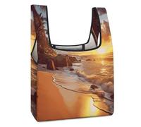 VstaDank Reusable Tropical Beach at Sunset Grocery Bags Foldable Shopping Bags Heavy Duty Holiday Cloth Gifts Bag Large Tote Bag with Handles Washable Storage Pouch for Travel Shopping
