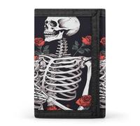 VstaDank Rose And Skeleton Trifold Wallet Slim Billfold With ID Window Extra Capacity Credit Card Holder Stylish Front Pocket Purses