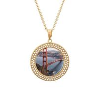 VstaDank San Francisco Gold Gate Bridge Pendant Necklace Round Pendant Necklace Disc Necklace Dainty Coin Choker Girl Fashion Jewelry for Women and, One size, Metal, No Gemstone