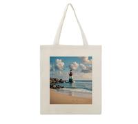 VstaDank Sea Lighthouse Sandbeach Canvas Tote Bag with Handles Extremely Sturdy Reusable Shopping Bag Lightweight Foldable Cotton Cloth Grocery Bags Magic Aesthetic Tote Bag for Women Travel