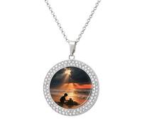 VstaDank Sea Sunset Necklaces for Women Exquisite Round Pendant Necklace Multicolored Diamond Studded Necklace Non-Tarnish Coin Pendant Fashion Jewelry Necklaces Gifts