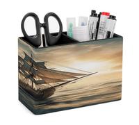 VstaDank Ship Sailing Alone Pen Holder Double Compartments Pen Cup Fashion Makeup Brush Holders Leather Pencil Holder for Work Locker Accessories Modern Pencil Cup for Desk Organizer