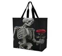VstaDank Skeleton Holding A Red Rose Grocery Bag Reusable Shopping Bag Washable Collapsible Tote Large Capacity Shopping Tote Fashion Market Shopper Bags for Supermarket Camping Traveling