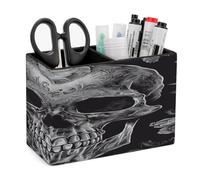 VstaDank Skull Skeleton Pencil Holder for Desk Organizer 2 Compartments Pen Cup Leather Square Pen Holder Pencil Cup Stand Makeup Brush Holders for Desktop Organizer Storage Case