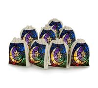 VstaDank Stained Glass Print Moon Stars Small Burlap Bags with Drawstring | 5x7 Inch Jute Bag Reusable Cotton Linen Gift Bags Beautiful Jewelry Pouches Sacks for Wedding,Party, Valentine Decor, 8Pcs