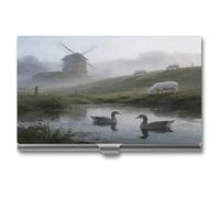 VstaDank Stream Geese And Slope Sheep Business Card Holder Personalized Aluminum Alloy Business Card Case Slim Name Card Holder with Flip Fashion Metal Card Carrier for Men Women