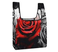 VstaDank Sturdy Reusable Black White And Red Roses Grocery Bags Large Collapsible Tote Bag Packable Collapsible Compact Shopping Bags Cute Cloth Storage for Market Holiday