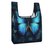 VstaDank Sturdy Reusable Blue Butterfly Pattern Grocery Bags Large Collapsible Tote Bag Packable Collapsible Compact Shopping Bags Cute Cloth Storage for Market Holiday