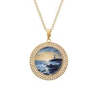 VstaDank The Seaside Lighthouse Golden-style Pendant Necklace Cute Delicate Disc Necklcace Alloy Choker Pendant Gifts for Women Fashion Crystal Diamond Jewelry for Party Date Christmas Anniversary