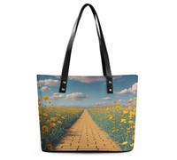 VstaDank Tote Bag for Women Travel Leather Shoulder Bag Casual Work Handbag | Poppies Field Yellow Brick Road Ladies Bucket Purse Large Capacity Fashion Top Handle Bag Weekender Hobo Bag