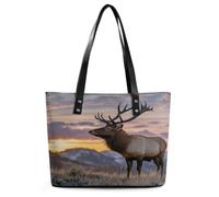 VstaDank Tote Bag for Women Travel Leather Shoulder Bag Casual Work Handbag | Red Deer Bull Elk Sunset Ladies Bucket Purse Large Capacity Fashion Top Handle Bag Weekender Hobo Bag