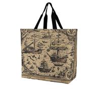 VstaDank Treasure Map Maritime Pirate Reusable Grocery Bags Multipurpose Large Shopping Bags Heavy Duty Foldable Tote Bag with Handles Shoulder Bag for Work Beach Travel And Shopping Grocery