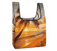 VstaDank Tropical Beach Palm Tree Sunset Grocery Bags Foldable Shopping Bags Heavy Duty Holiday Cloth Gifts Bag Large Tote Bag with Handles Washable Storage Pouch for Travel Shopping