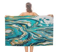 VstaDank Turquoise Blue Gold Marble Bath Towel Stylish Double-Faced Pile Travel Towel Soft Absorbent Beach Towel for Pool Swim Sports Camping Adults Gift 51X31 Inch