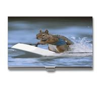 VstaDank Water Skiing Squirrel Business Card Holder Slim Name Cards Holder Aluminum Alloy Flip Cover Credit Cards Wallet Pocket Metal Case Professional Metal Business Card Case for Work