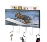 VstaDank Water Skiing Squirrel Key Holder for Wall Mount with 5 Hooks Decorative Key and Mail Holder Farmhouse Wall Hooks with Shelf PU Leather Key Rack with Mail Holders for Entryway Home