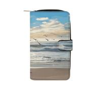 VstaDank Waves on The Beach with Sea Birds Wallets Multi-functional Long Wallet Leather Wallet Credit Card Holder Money Clip Travel Wallets Coin Purse