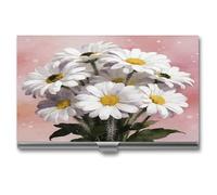 VstaDank White Daisy Watercolor Floral Business Card Holder Personalized Aluminum Alloy Business Card Case Slim Name Card Holder with Flip Fashion Metal Card Carrier for Men Women