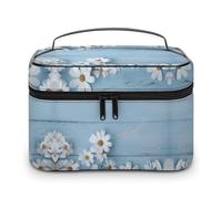 VstaDank White Flowers Light Blue Wood Travel Makeup Bag Large Capacity Leather Cosmetic Bag Portable Toiletry Bags With Clear Divider And Handle Cute Wide Open Shaving Bags for Grooming