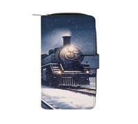 VstaDank Winter Christmas Snow Night Railway Train Wallets Multi-functional Long Wallet Leather Wallet Credit Card Holder Money Clip Travel Wallets Coin Purse