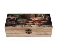 VstaDank Xmas Tree Branch Bear Doll Wooden Storage Box Wooden Keepsake Box with A Hinged Lid Fashion Memory Treasure Boxes Decorative Jewelry Case for Crafts Photo Home Decor Wood Gift Box