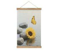 VstaDank Yellow Flower Butterfly with Zen Stone Linen Hanging Painting Vintage Canvas Wall Art Poster Reading Nook Corner Decor Retro Wall Decor Prints for Library Reading Room Home 13.2 X 20.47 Inch
